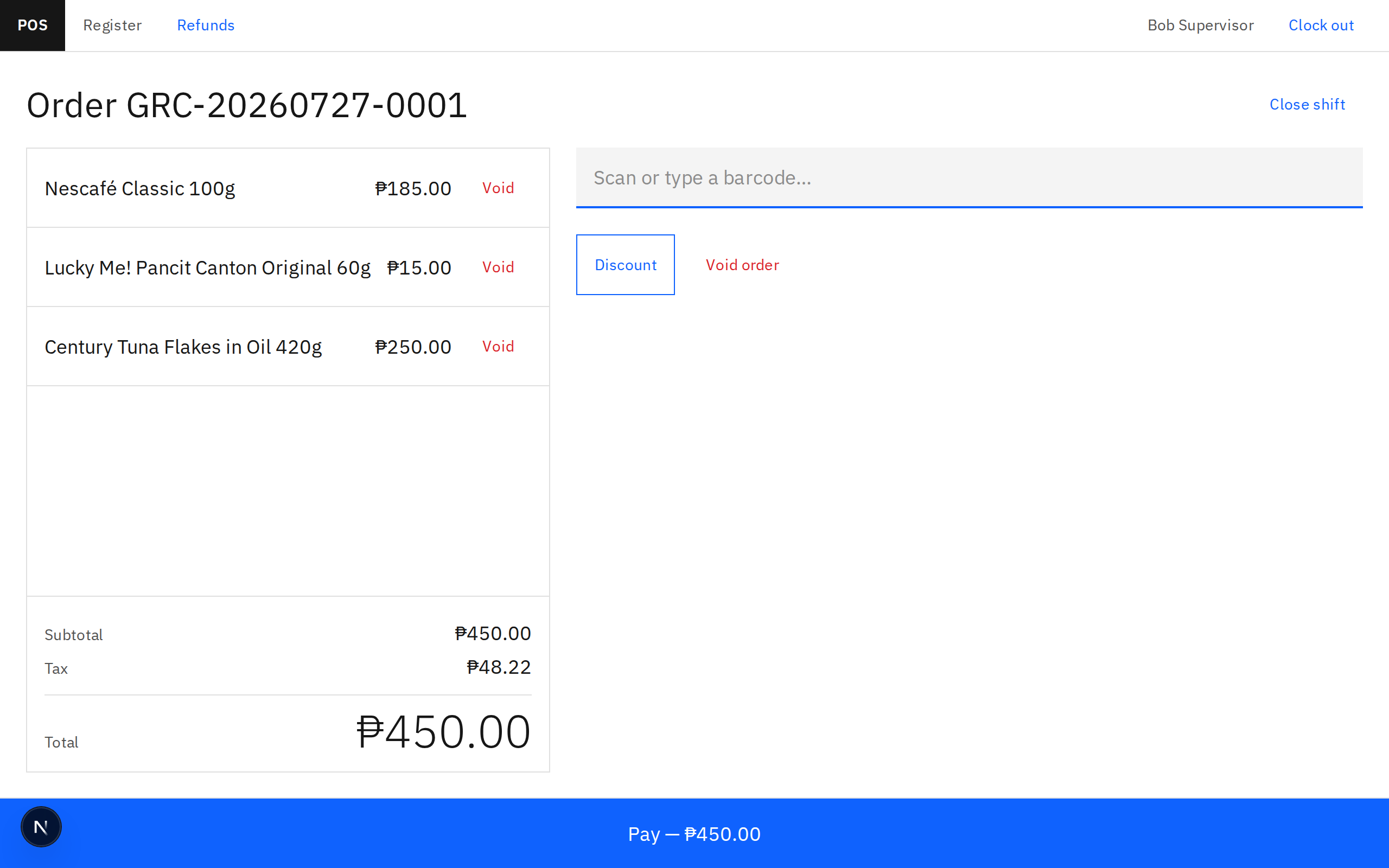 Retail register with items scanned into the cart