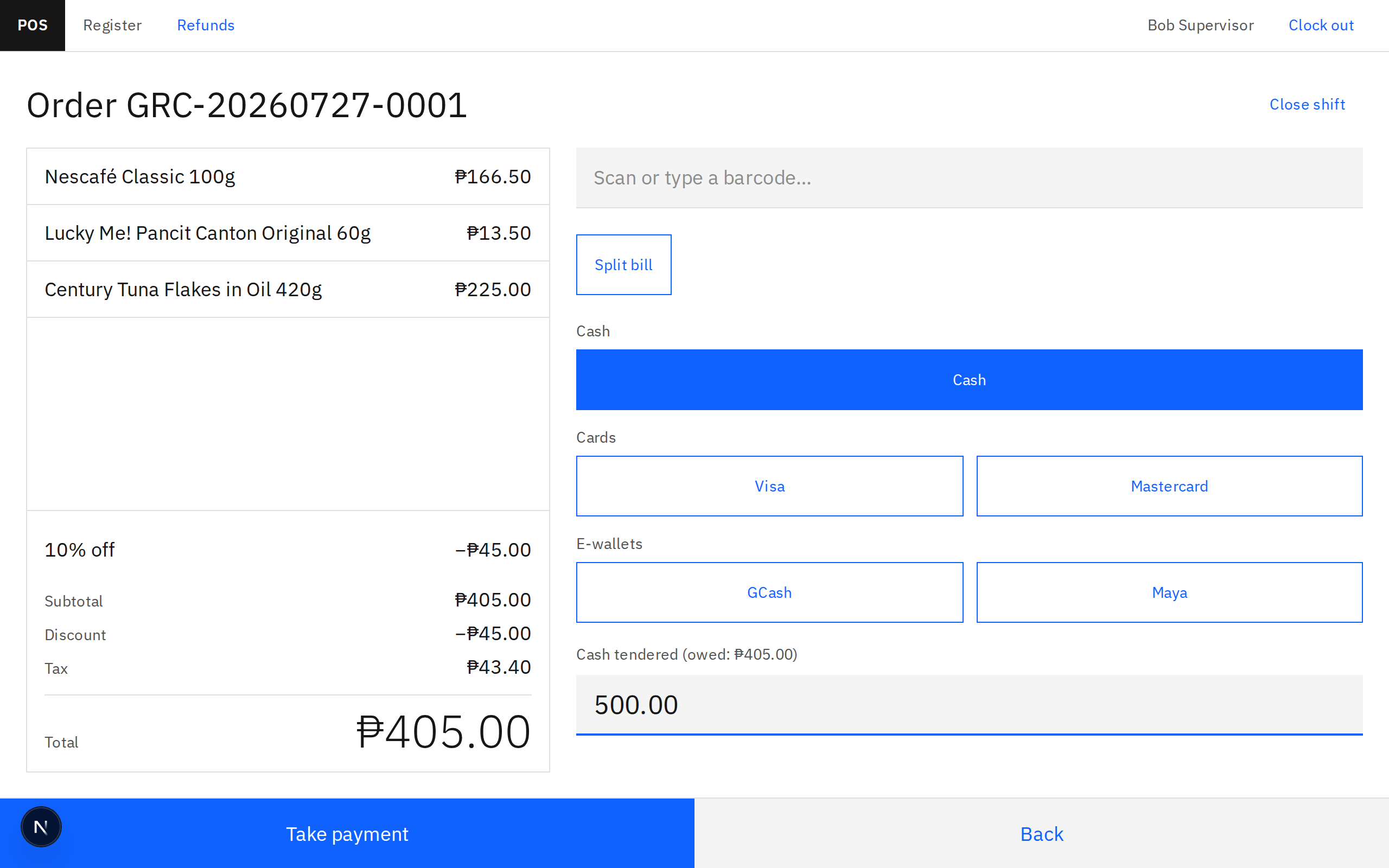 Cash tender screen showing computed change