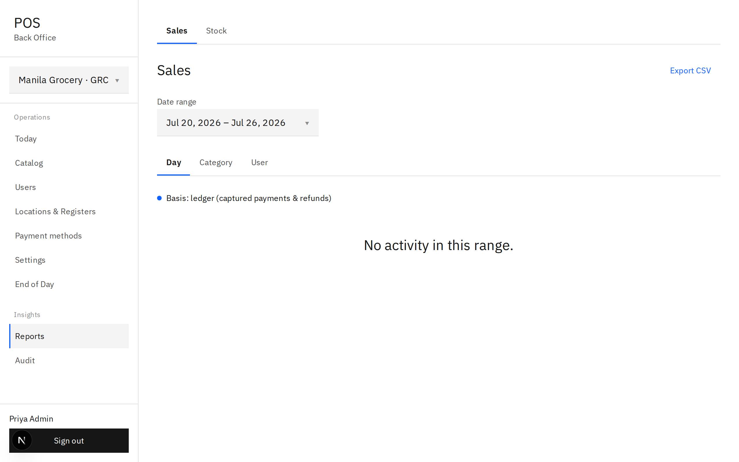 Sales report in the back office